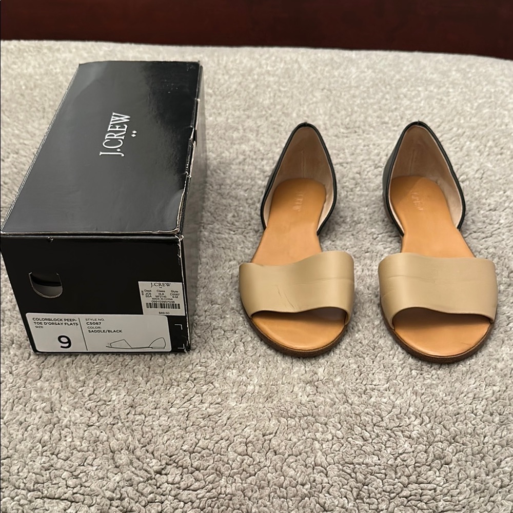 J Crew colorblock peep toe D'orsay flats, Black/Tan, Size 9